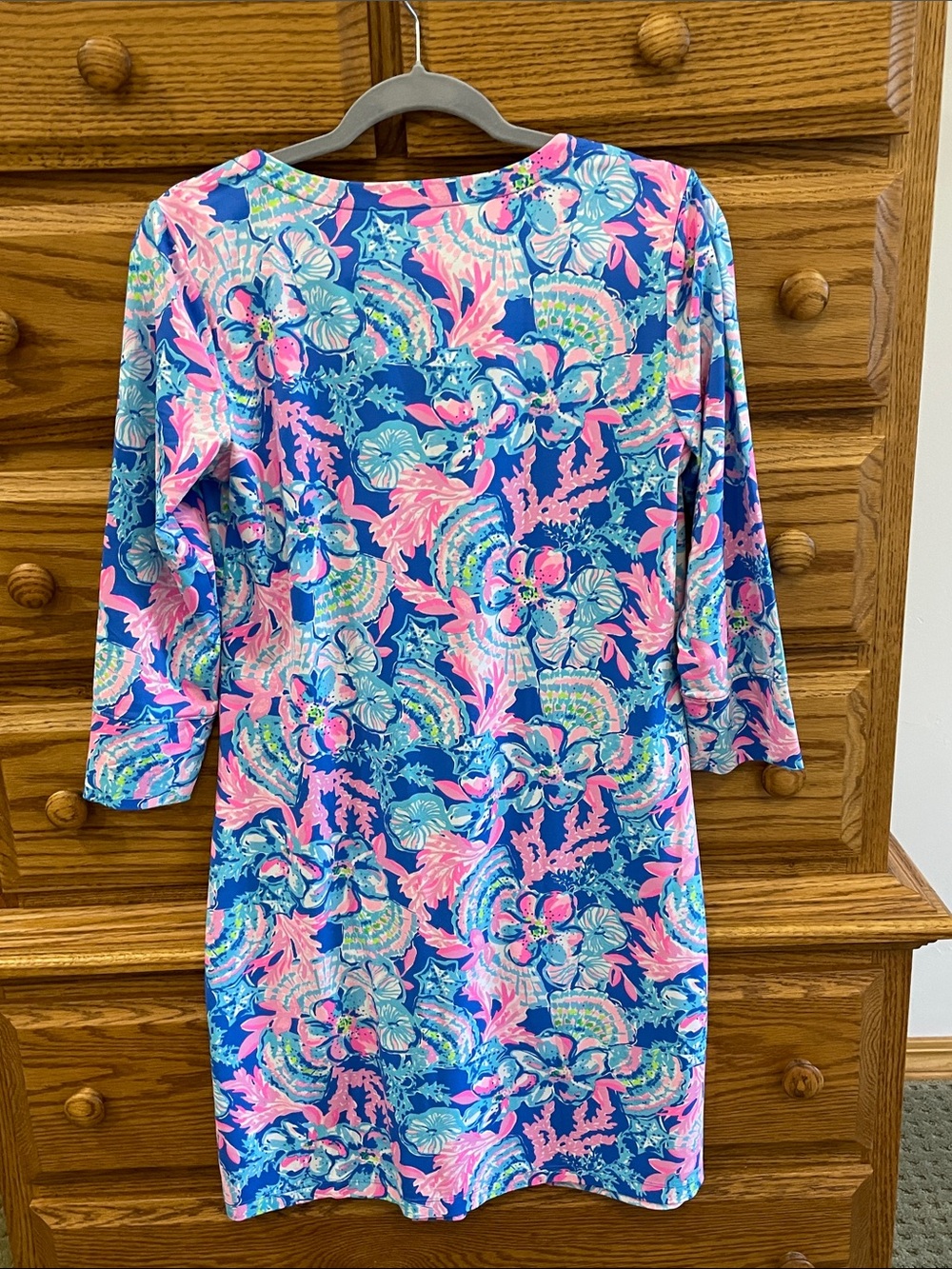 Lilly Pulitzer M Blue & Pink Floral Long Sleeve Dress Spandex-like Fabric - Picture 3 of 4